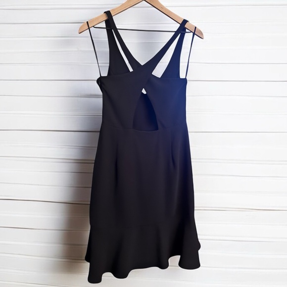 Amanda Uprichard Revolve Black Nicco Dress Cross Back Ruffle Hem Medium V Neck - Picture 3 of 7
